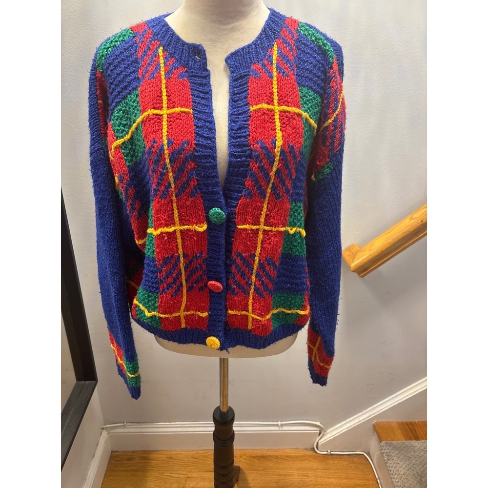 Lord &Taylor Plaid Cardigan Sweater Womens L Blue Red Green Yellow Vintage Knit